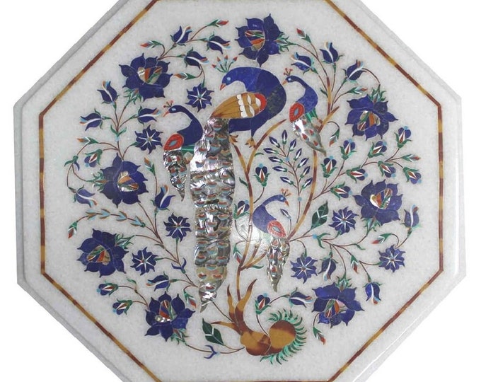 Marble Coffee Table Top Peacock Design Semi Precious Stone Inlay Work Center Table Floral Art for Living Room