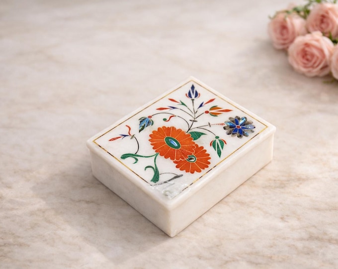 Marble Jewelry Box Semi Precious Stones Floral Inlay Art Work Handmade Home Decor Gift