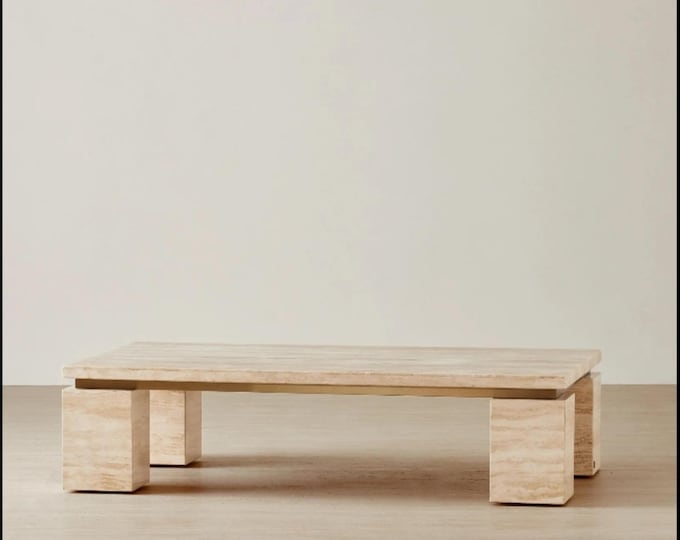 Modern Travertine Stone Coffee Table with Bold Block Legs – Minimalist Luxury Decor