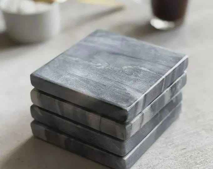 Marble Coasters Set | Grey Stone Drink Coasters | Modern Table Decor
