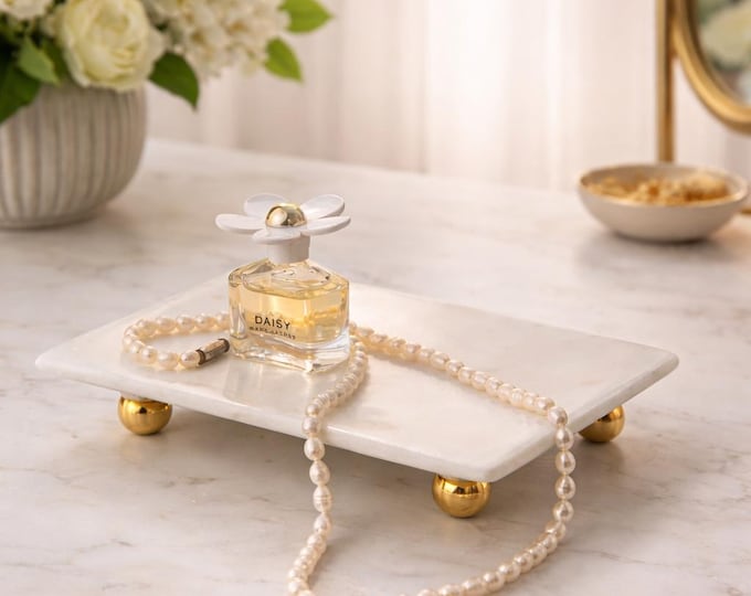 White Marble Tray with Gold Feet | Luxury Vanity and Perfume Display Tray