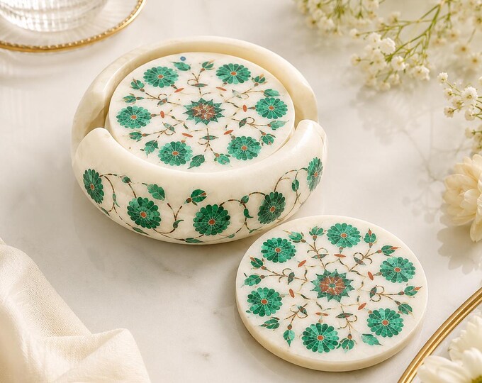 Marble Coaster Set Handmade Malachite Work Inlay work Home Decorative Gifts