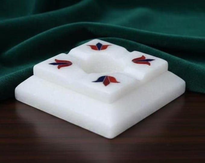 Marble Cigarette Ashtray with Red & Blue Inlay Design