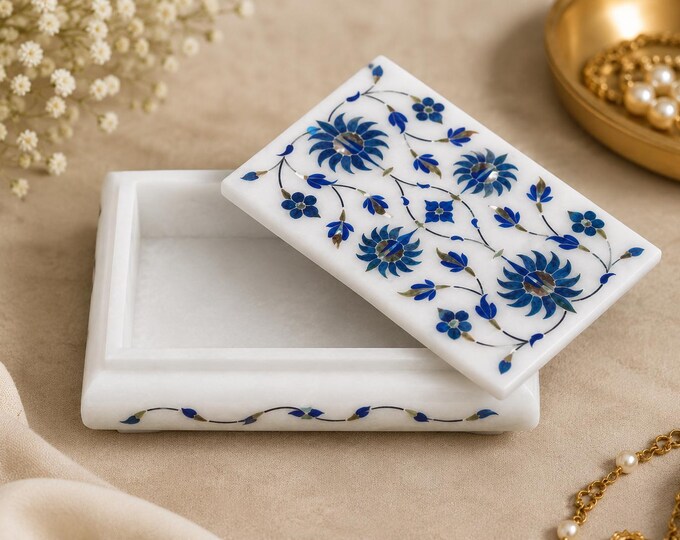 Italian Marble Lapis Inlay Jewelry Box – Handmade Semi Precious Stone Storage