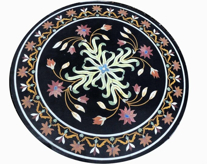 Handcrafted Black Marble Inlay Tabletop – Floral Pietra Dura Round Table for Indoor & Outdoor Use