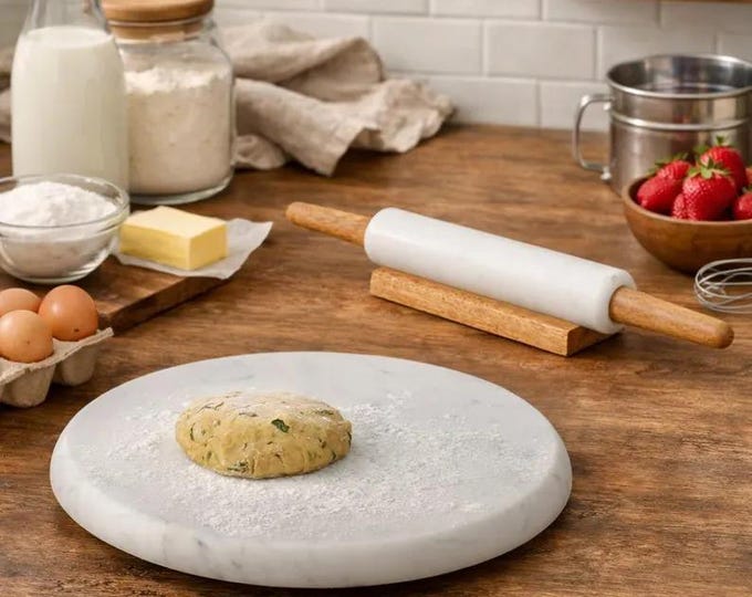 Marble Chakla Belan Set, Round Marble Roti Board with Rolling Pin