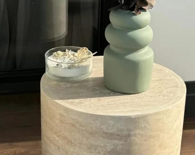 Handmade Travertine Side Table Minimalist Round Accent Table, Natural Stone