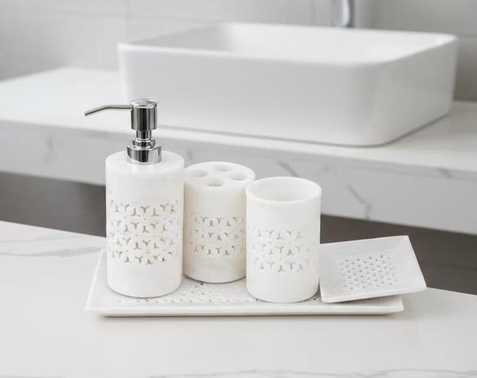 White Marble Bathroom Accessory Set – Modern Soap Dispenser, Toothbrush Holder & Tray