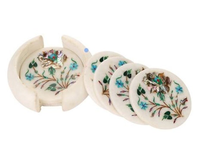 Marble Coaster Tea Set Handmade Pietra Dura Inlay Art work Home Decorative Gifts