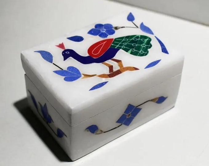 Luxury White Marble Peacock Inlay Box | Handcrafted Decorative Jewelry Box