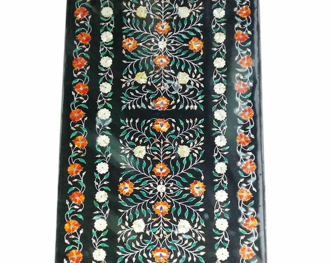Black Marble Inlay Table Top with Floral Pietra Dura Design (30 x 72 Inches)