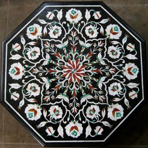 Black Marble Inlay Coffee Table, Handmade Semi Precious Stone Pietra Dura Inlay Work Art, Centerpiece Furniture