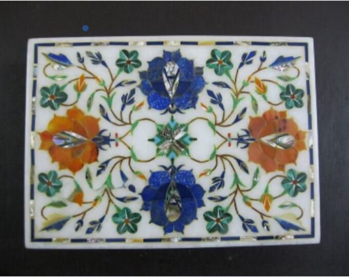 7 x 5 Inches Shiny Gemstone Inlay Work Trinket Box White Marble Rectangle Shape Multi Purpose Box from Indian Heritage Art and Crafts