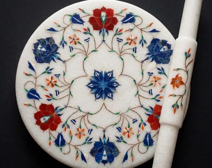 Marble Chakla Belan Set, Pietra Dura Semi-Precious Stone Inlay