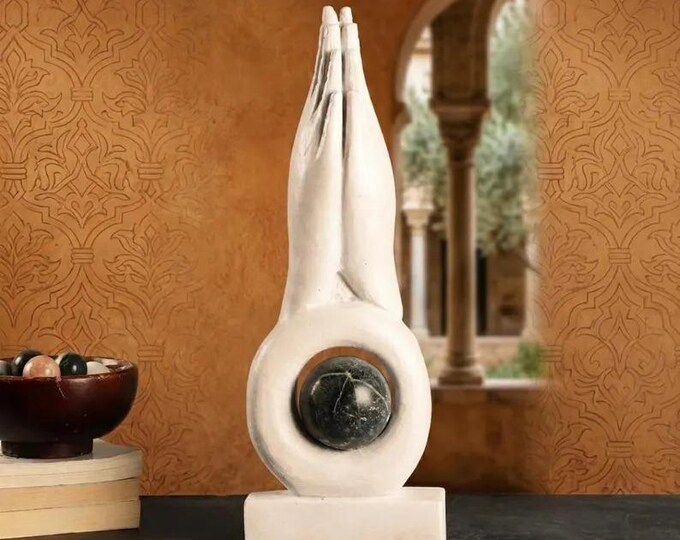Handcrafted Marble Praying Hands Sculpture with Green Marble Sphere