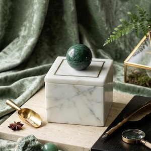 White Marble Keepsake Box with Green Stone Knob, Modern Home Decor Gift
