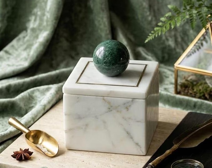White Marble Keepsake Box with Green Stone Knob, Modern Home Decor Gift