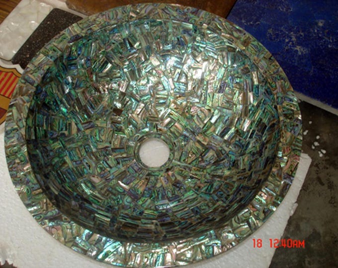 Round Abalone Shell Mosaic Vessel Sink | Handmade Luxury Bathroom Wash Basin