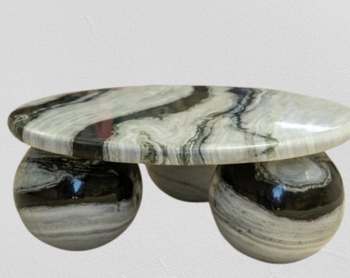 White Panda Marble Coffee Table – Handmade Round Top with Sculptural Sphere Base