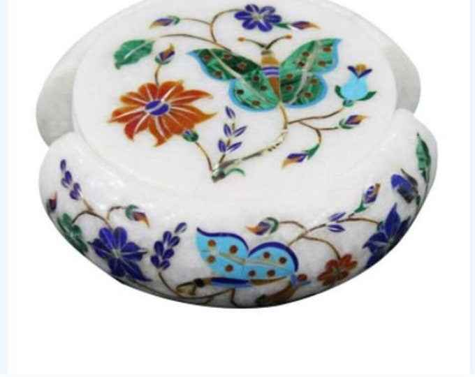 Marble Coaster Set Handmade Butterfly Design Semi Precious Stone Pietra Dura Work Inlay