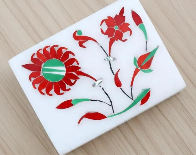 Handmade Marble Inlay Jewelry Box – Red & Green Floral Pietra Dura Design
