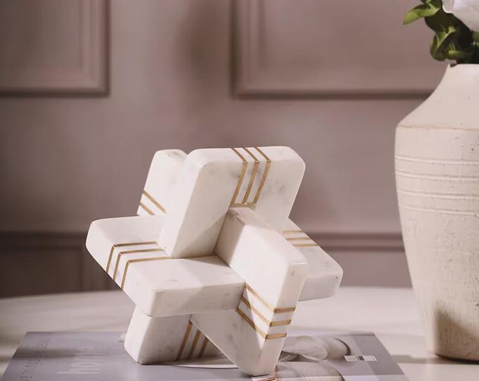 White Marble Knot Sculpture | Brass Inlay, Modern Home Decor