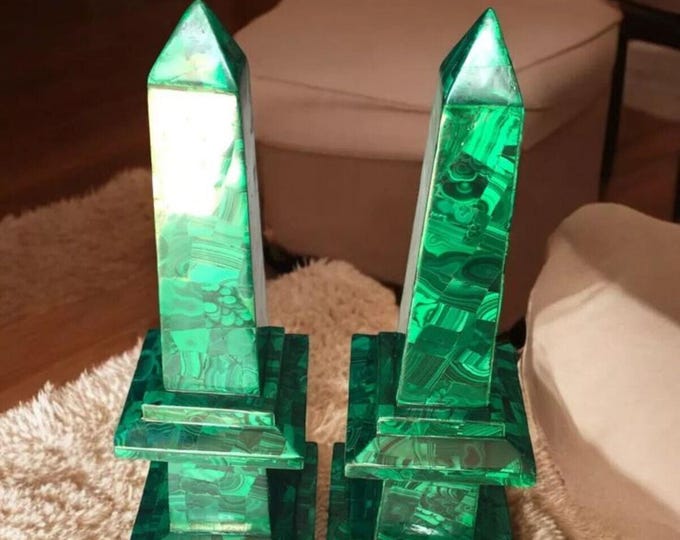 Handmade Malachite Obelisk Pair: Emerald Green Home Decor