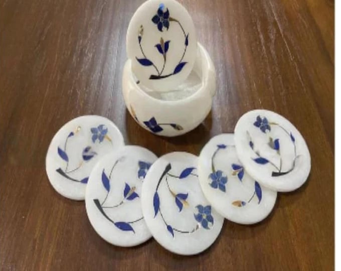 White Marble Inlay Floral Coaster Set – Handmade Blue Stone Art Coasters with Holder