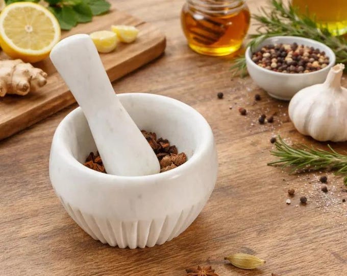 Handcrafted White Marble Mortar and Pestle Set