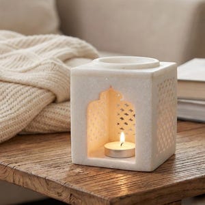 Hand-Carved White Marble Oil Burner | Jali Lattice Aromatherapy Diffuser