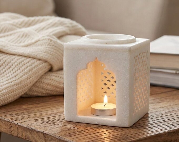 Hand-Carved White Marble Oil Burner & Tealight Holder | Minimalist Geometric Aromatherapy Diffuser