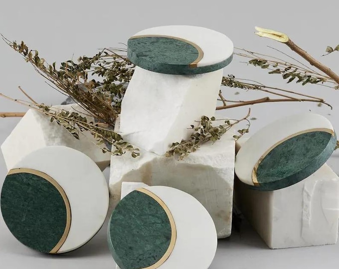 Green Marble and White Stone Coasters with Brass Inlay – Modern Luxury Coaster Set