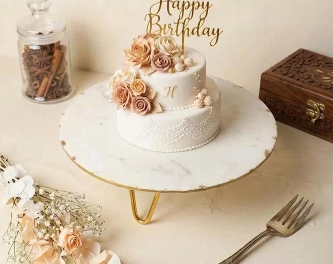 White Marble Cake Stand with Brass Edge & Brass Metal Legs