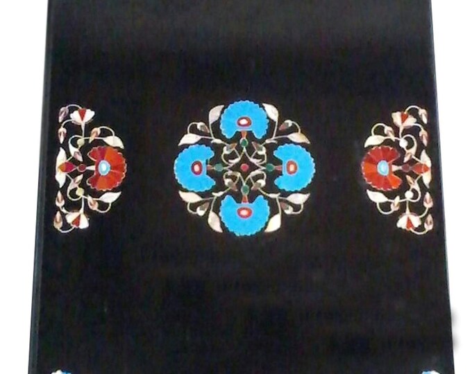48" x 32" Black Marble Center Dining Table Top Pietra Dura Inlay Floral Work