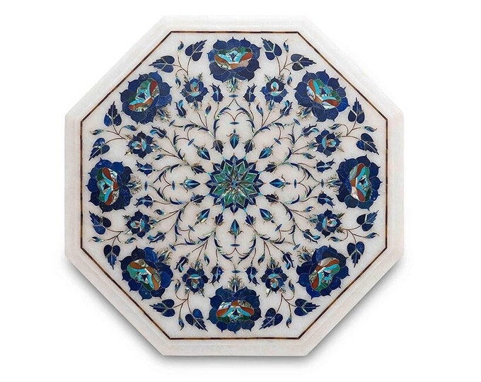 Octagonal Marble Inlay Tabletop with Blue Floral Pietra Dura Design