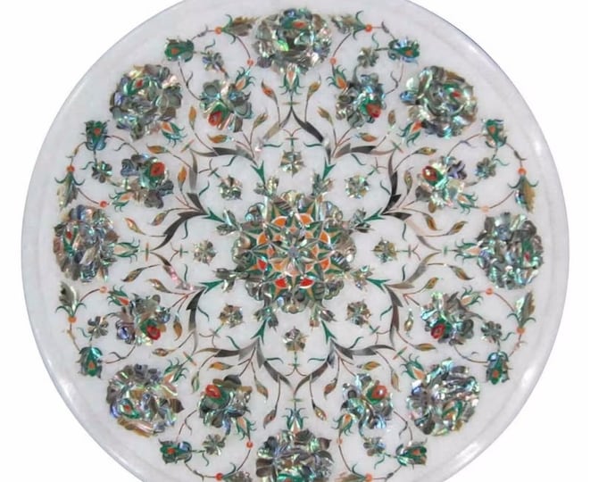 Round White Marble Corner Table Top Semi Precious Stones Inlay Work Handmade Pietra Dura Art Home Decor