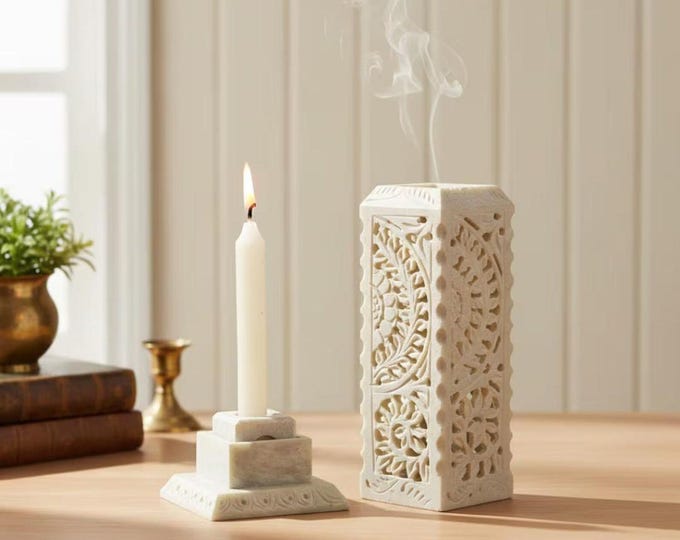Hand Carved Stone Incense Holder & Candle Stand Set