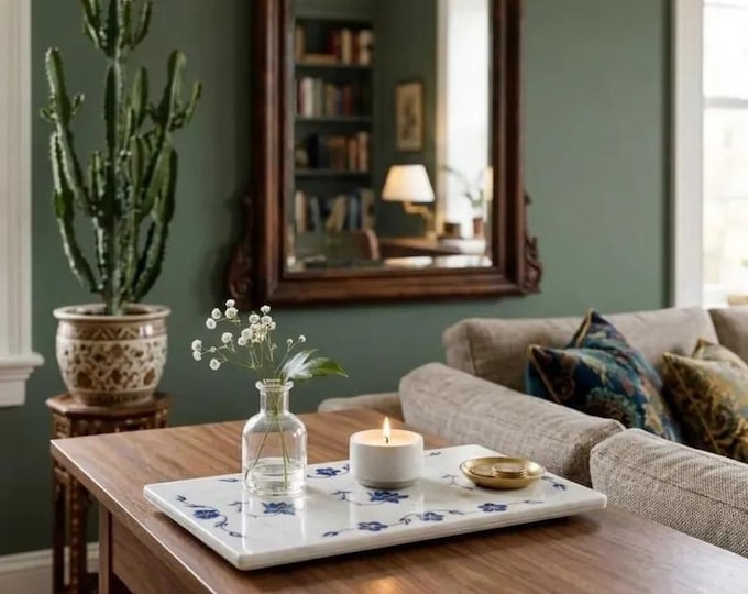 White Marble Tray with Blue Floral Inlay, Handmade Serving Tray