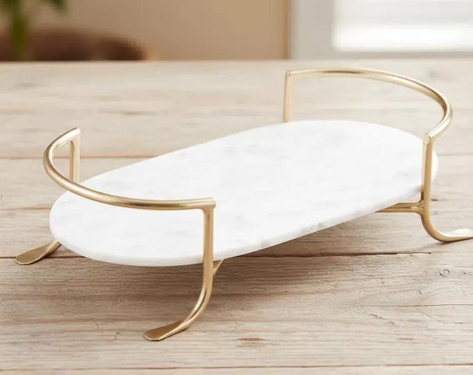 White Marble Tray with Brass Stand | Luxury Bathroom Vanity Organizer | Minimal Home Decor