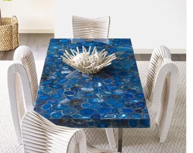 Stunning Natural Handmade Blue Agate Table Top - Perfect for Coffee and Dining Tables - Rectangular Shape - Home Decor