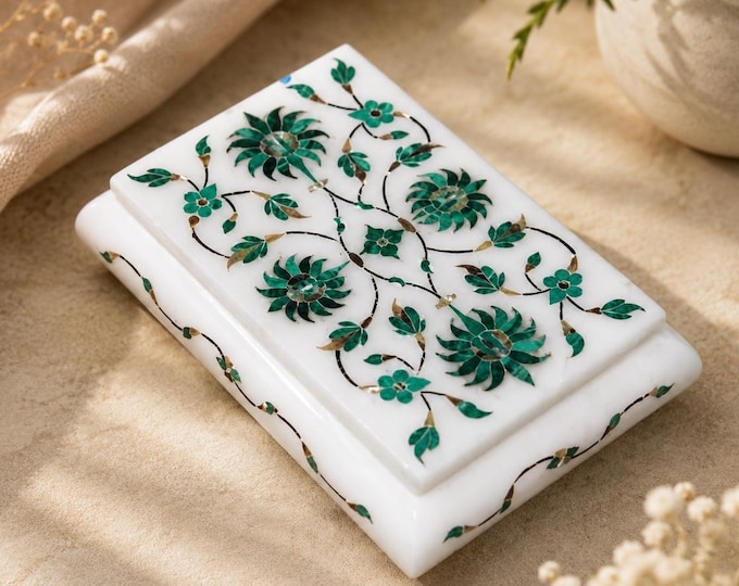 Jewelry Box Italian Marble Malachite Semi Precious Stone Inlay Handmade