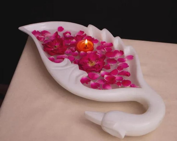 White Marble Peacock Urli Bowl – Hand-Carved Stone Decorative Centerpiece