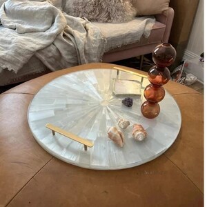 Round Selenite Tray with Brass Handles – White Stone Serving Tray