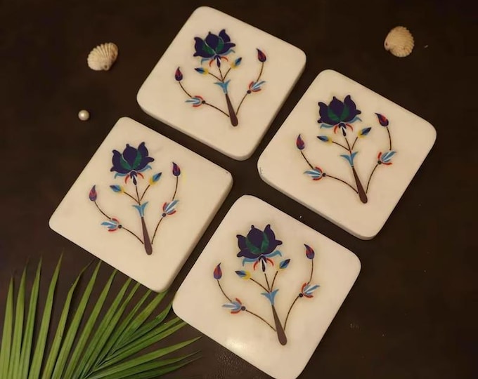 White Marble Floral Inlay Coasters – Handmade Stone Drink Coaster Set