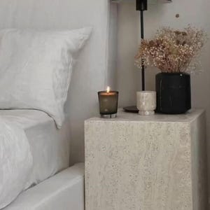 Handcrafted Travertine Side Table: Minimalist Bedside Accent Table