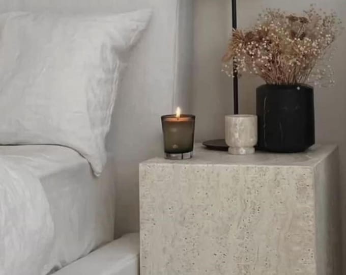 Handcrafted Travertine Side Table: Minimalist Bedside Accent Table