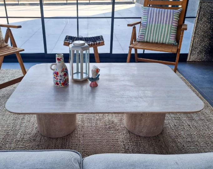 Handcrafted Travertine Coffee Table with Dual Pedestal Base – Modern Minimalist Stone Centerpiece