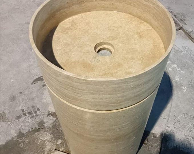 Hand Carved Travertine Pedestal Sink: Round Natural Stone Bathroom Vanity