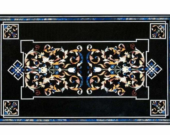 Exquisite Black Marble Inlay Coffee Table Top with Pietra Dura Floral Design