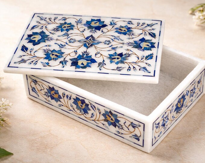 Handcrafted White Marble Box with Lapis Lazuli Floral Inlay Work